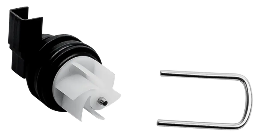 Flügelraddurchflusssensor mit Hallsensor von Wolf, zeigt ein schlankes Design mit einer Kunststoffbasis und einer Metall-Halterung, geeignet für die Messung des Wasserflusses.